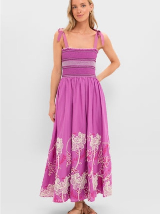 Tuckernuck Dresses & Skirts - Tuckernuck Magenta Smocked Tie-Shoulder Maxi Dress with Cream Embroidery